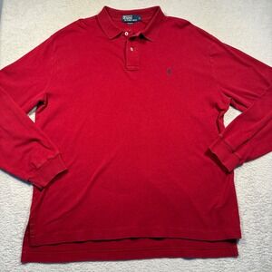 Vintage Polo Ralph Lauren Red Long Sleeve‎ Cotton Polo Shirt Men's XL Navy Pony